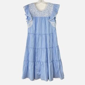 J. MARIE Blue Gingham Ruffle Sleeve Embroidered Beachy Tiered Midi Dress Size XL